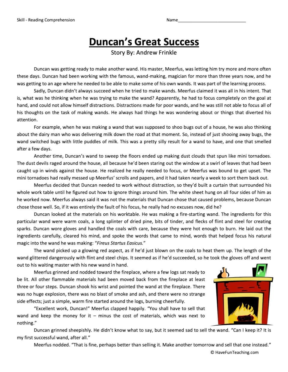 Reading passage about Duncan focusing on wand-making and creating his first successful fire-starting wand.