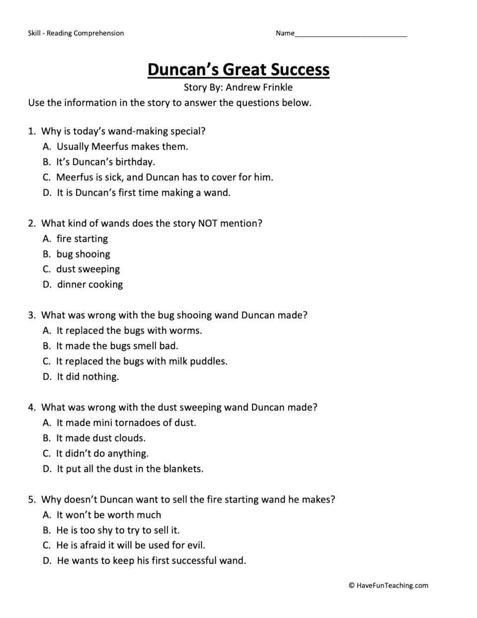 Five multiple-choice questions about Duncan's wand-making mistakes and why he keeps his successful wand.