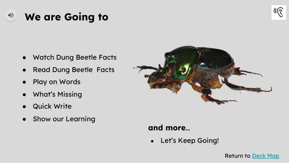 Activity preview lists watching, reading, Play on Words, What’s Missing, Quick Write, and Show our Learning