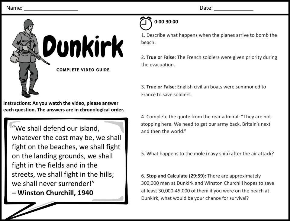 Dunkirk video guide, minutes 0-30: students answer 6 questions on the beach bombing, civilian boats and survival odds