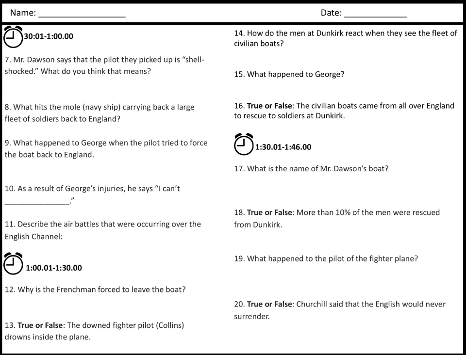 Film questions 7-20 by timestamp: students recall George's injury, the air battles, true/false items and Mr. Dawson's boat