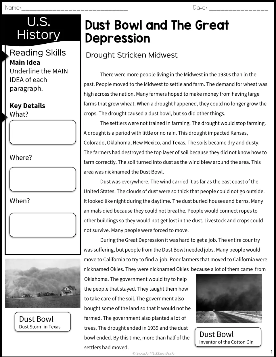 Drought Stricken Midwest passage: students read about 1930s dust storms, underline main ideas and note what, where, when