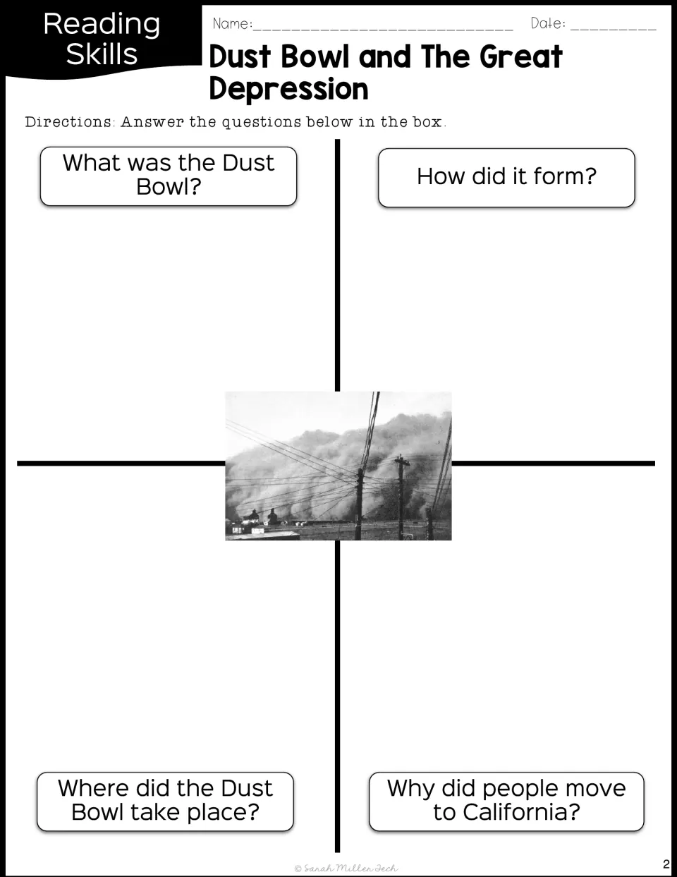 Dust Bowl questions: students explain what it was, how it formed, where it happened and why people moved to California
