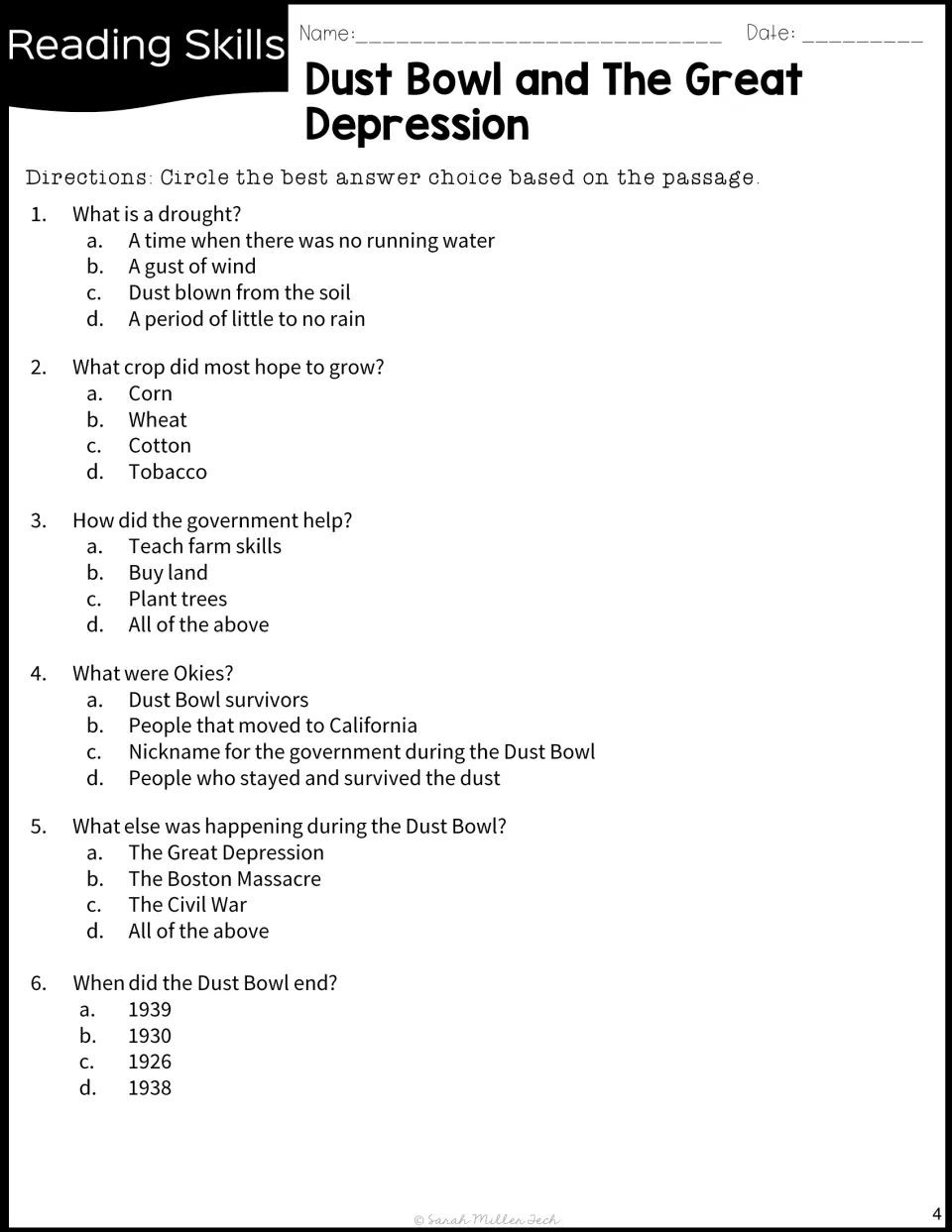 Dust Bowl comprehension quiz on drought, wheat, government help, Okies and 1939: students circle the best of 4 choices