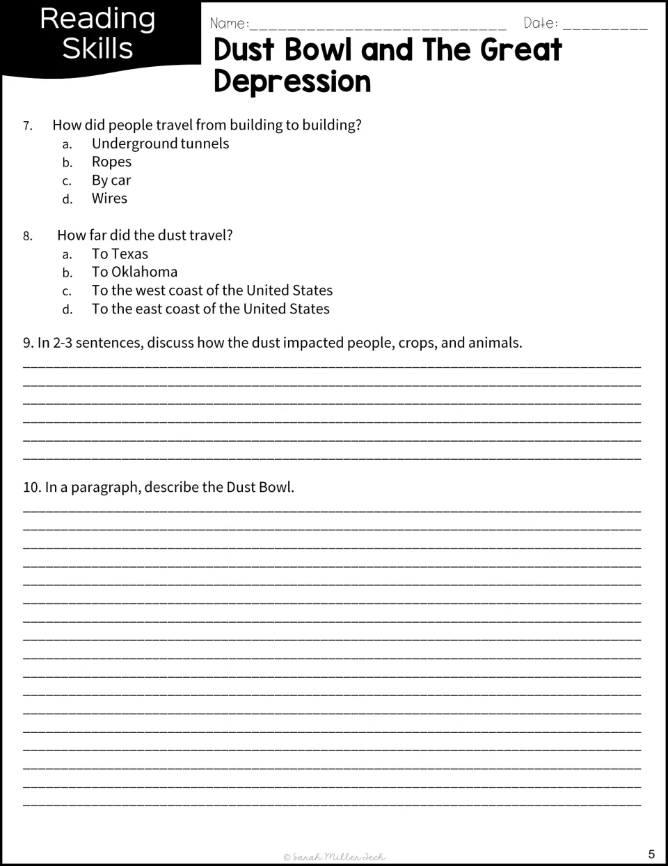 Dust Bowl comprehension continued: multiple-choice items on ropes and dust travel, then a short response and a paragraph