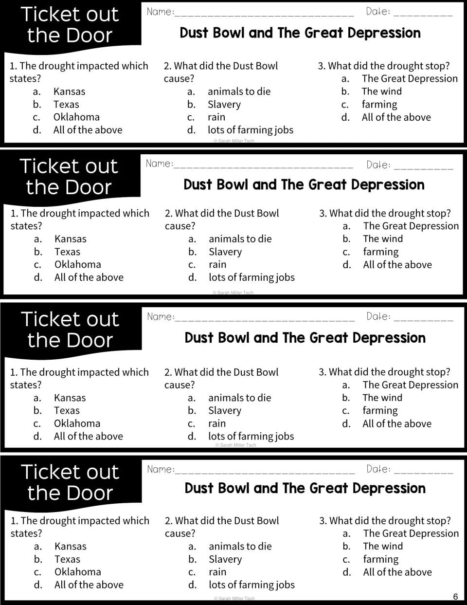 Ticket out the Door slips, four per page: three multiple-choice questions on affected states and Dust Bowl effects