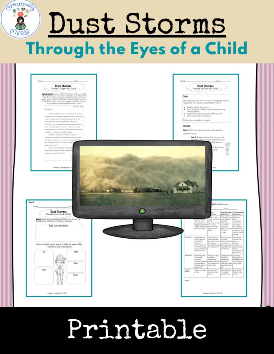 Cover of the printable dust storm webquest, showing activity previews and a dust storm approaching a farm