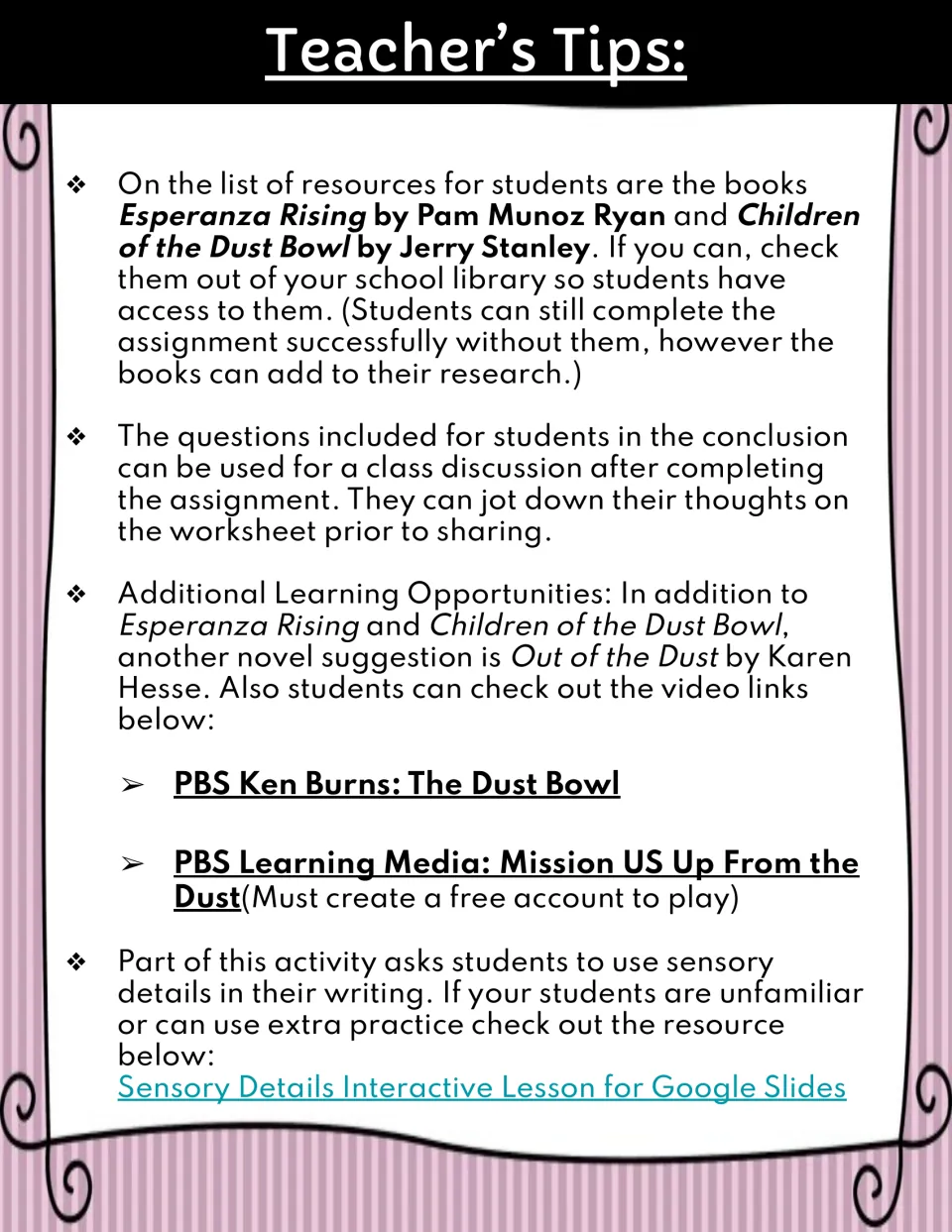 Teacher tips for the dust storm webquest cover optional books, class discussion, videos, and sensory writing