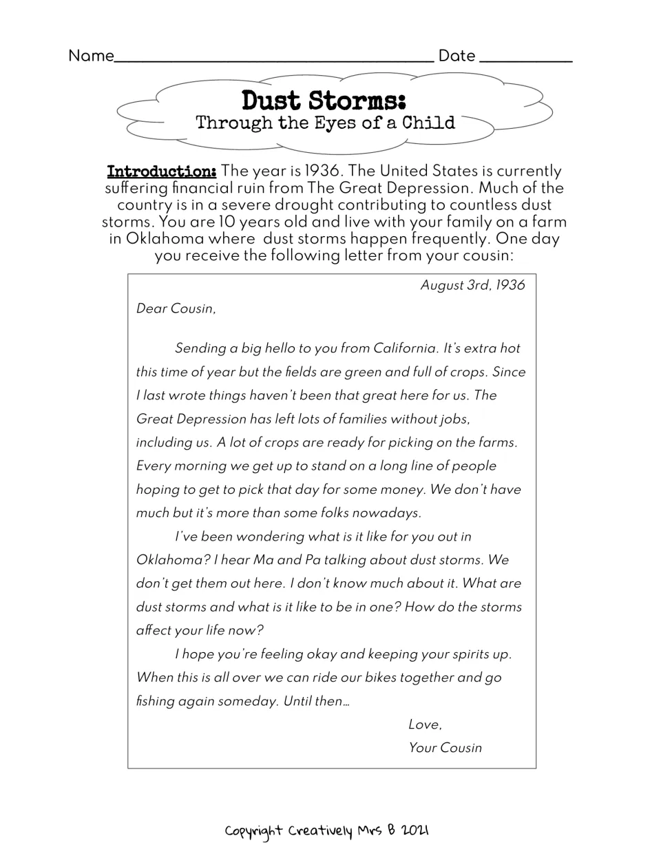 Webquest introduction casts students as a 10-year-old in Oklahoma in 1936, reading a cousin's California letter