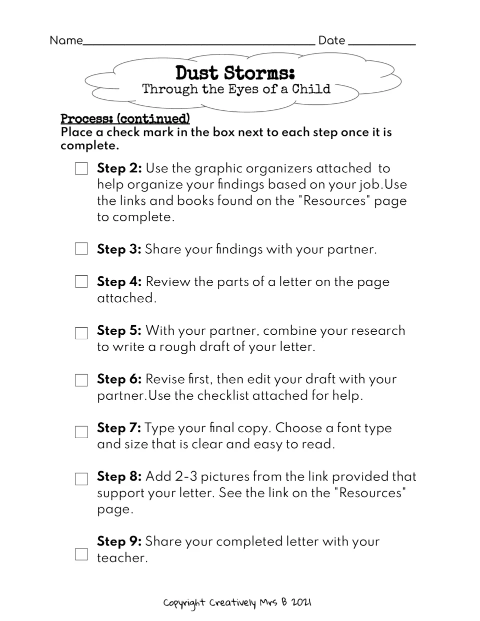 Webquest steps 2–9 guide partners through research, drafting, revising, editing, typing, and adding 2–3 pictures