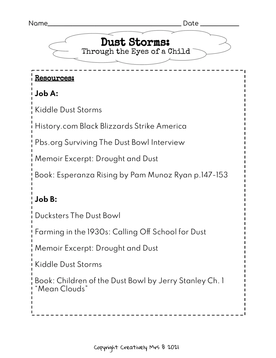 Research resource page groups dust storm websites, a memoir excerpt, and book selections for Jobs A and B