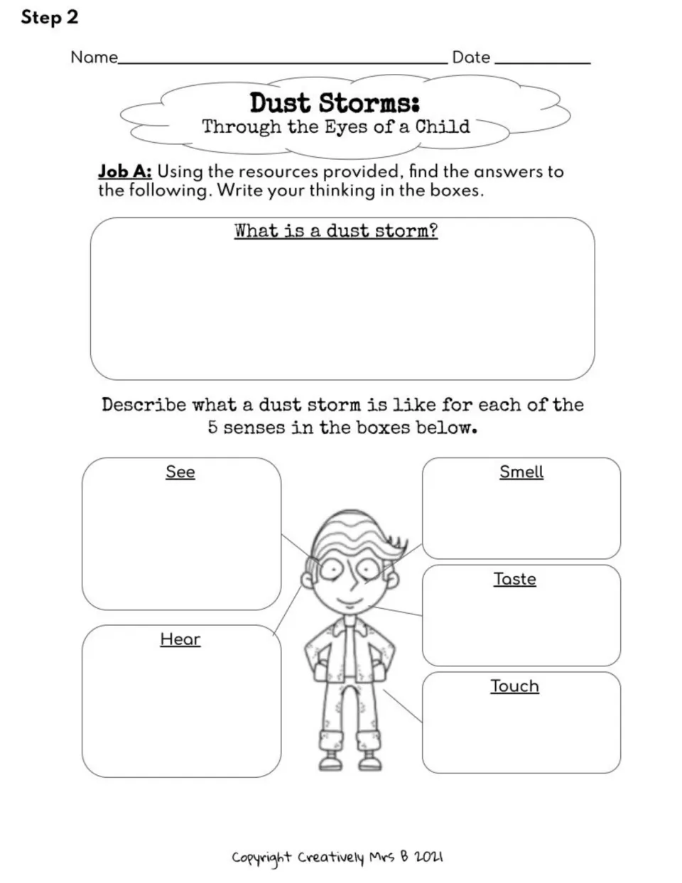 Job A graphic organizer asks students to define a dust storm and describe it through all five senses