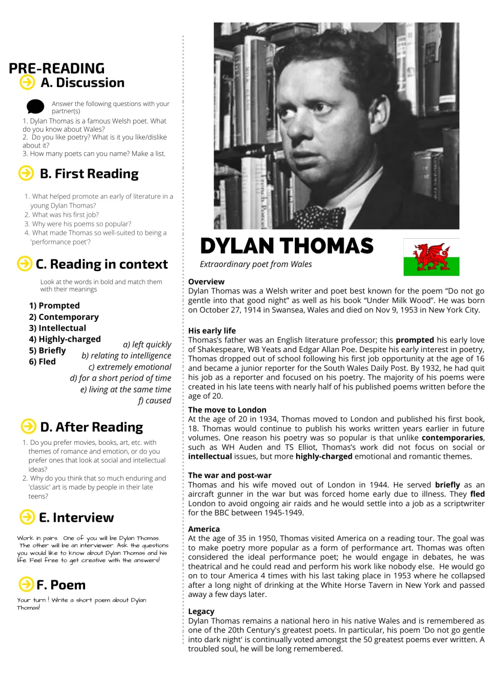 Dylan Thomas worksheet: biography text with discussion, comprehension, vocab match, interview and poem tasks