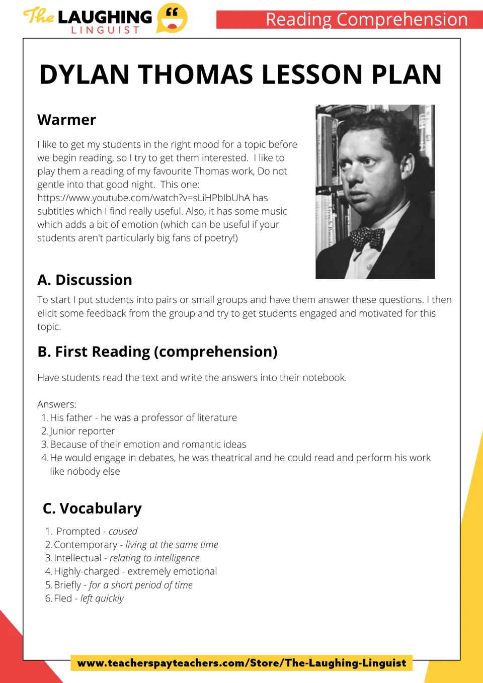 Lesson plan page 1: warmer, discussion notes and answers to the comprehension questions and vocab match