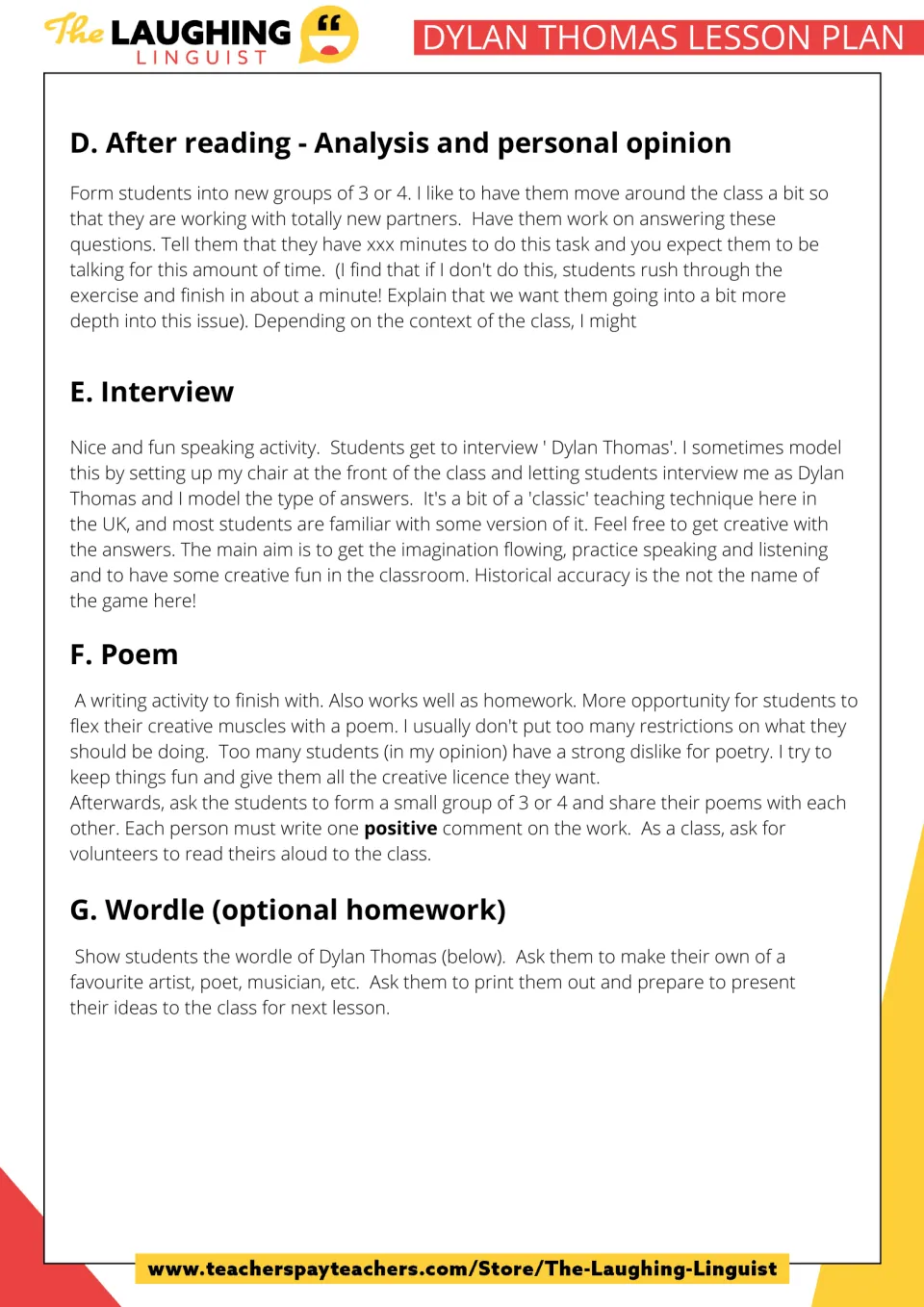 Lesson plan page 2: teacher notes for after-reading groups, the interview, poem writing and optional wordle