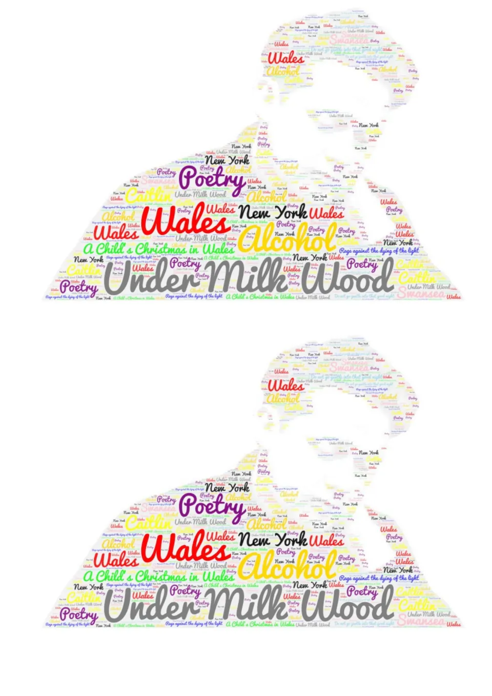 Dylan Thomas word cloud for the optional wordle homework: Under Milk Wood, Wales, Poetry, Swansea, printed twice