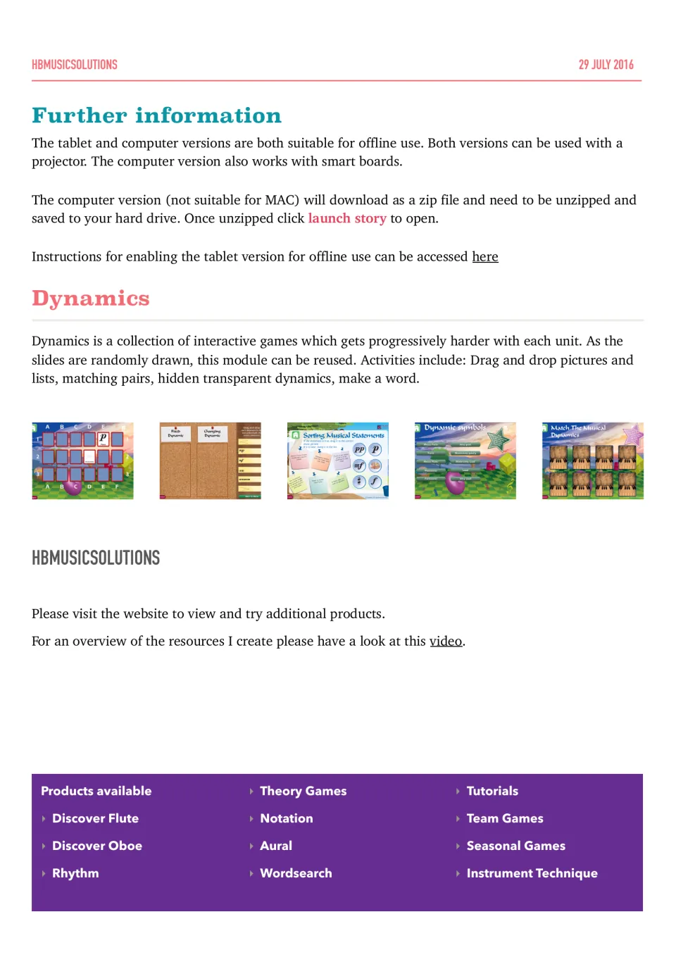 Setup notes for offline tablet and computer versions, plus game screens for sorting and matching musical dynamics