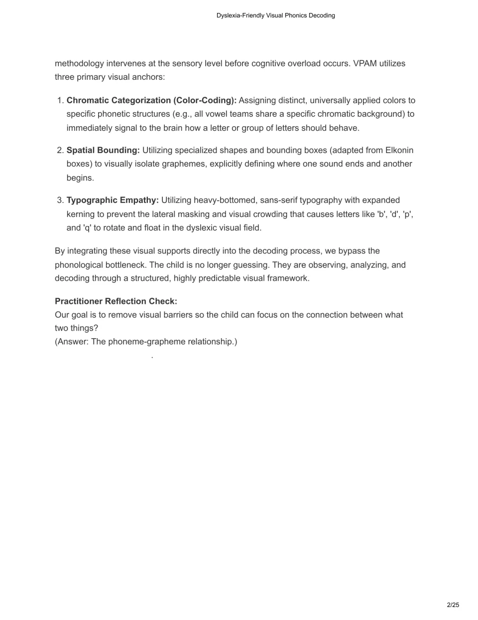 Educator manual continuation: color-coding, spatial bounding, typographic empathy, and a reflection check