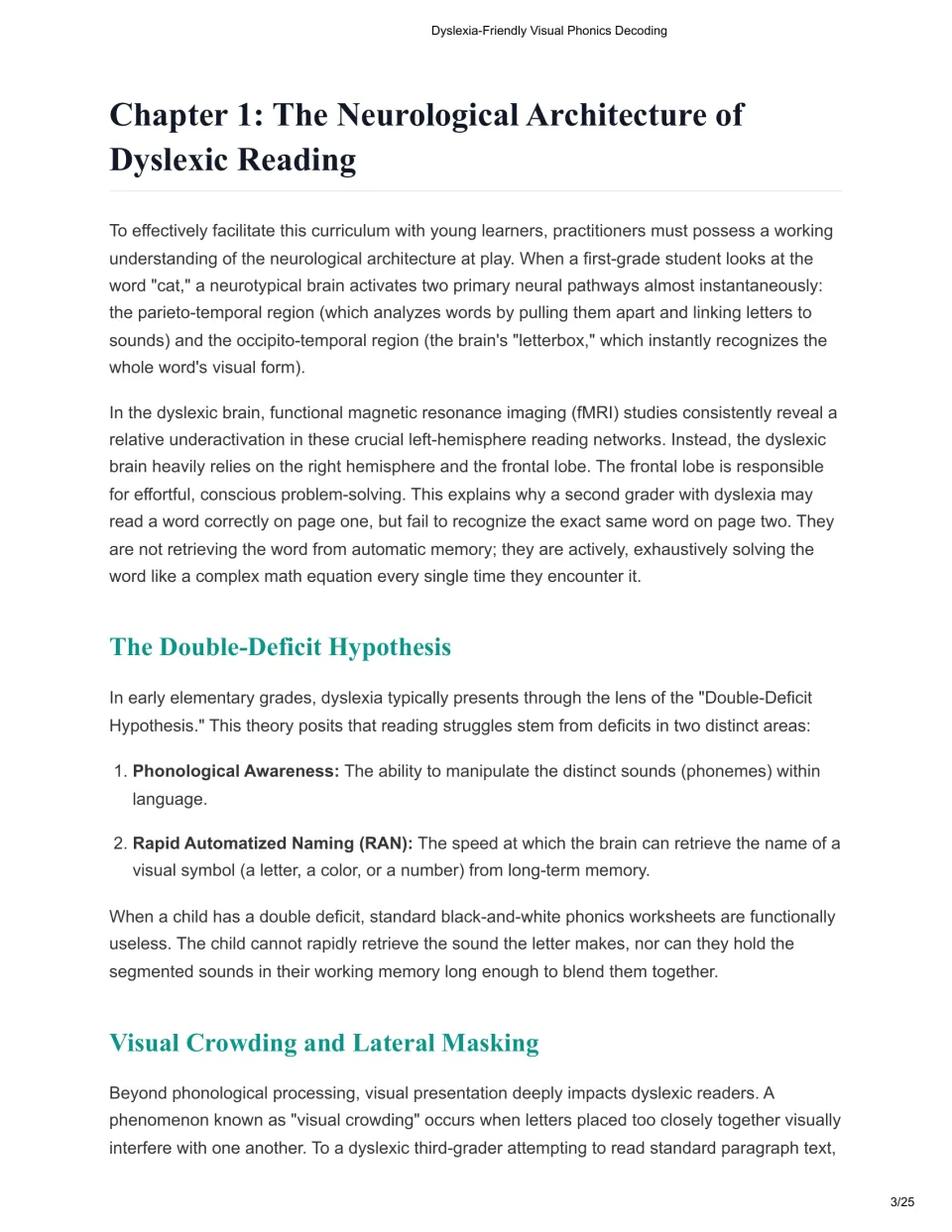 Chapter 1 of the educator manual: reading networks, the double-deficit hypothesis, and visual crowding