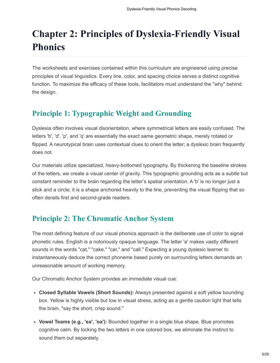 Chapter 2 of the educator manual: typographic grounding and color cues for short vowels and vowel teams