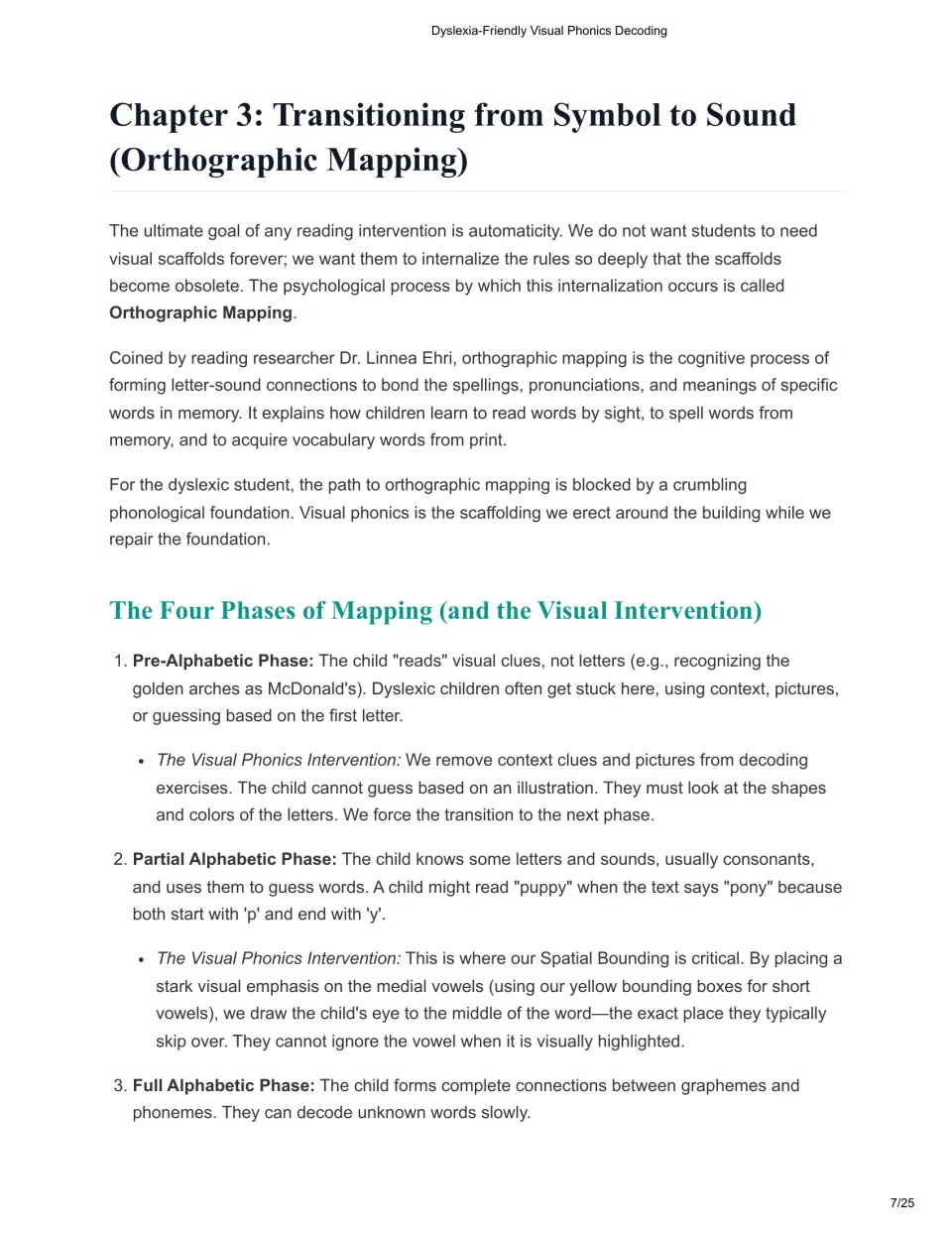 Chapter 3 of the educator manual: orthographic mapping and pre-alphabetic, partial, and full alphabetic phases