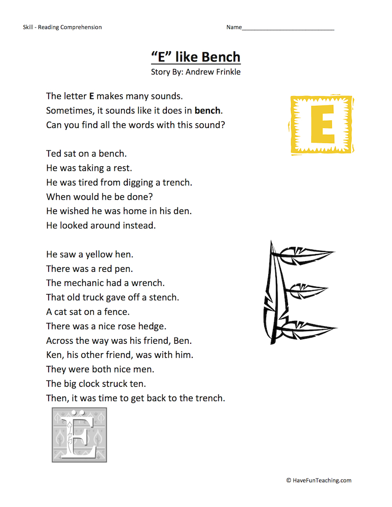 E Like Bench Reading Comprehension Worksheet teaching resource preview