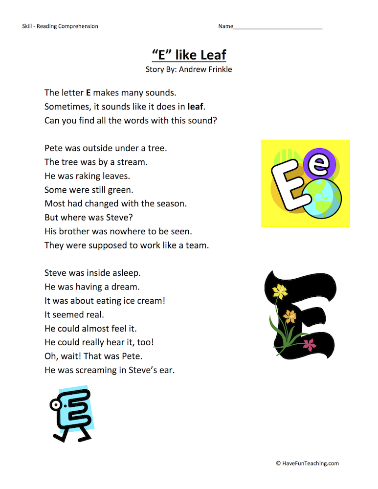 E Like Leaf Reading Comprehension Worksheet teaching resource preview