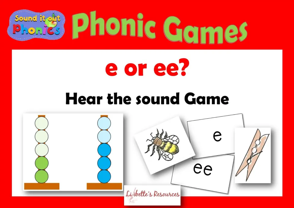 Sound it out Phonics cover for an e or ee hear-the-sound game showing bead towers, picture cards and e and ee cards