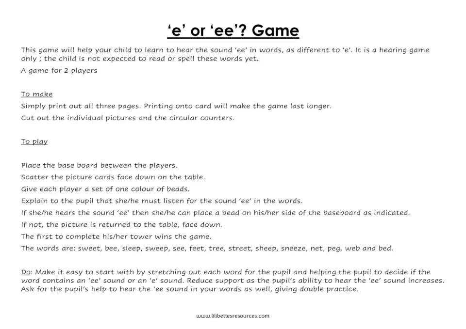 Instructions for a 2-player listening game: hear 'ee' versus 'e' in words, with make and play steps and the word list