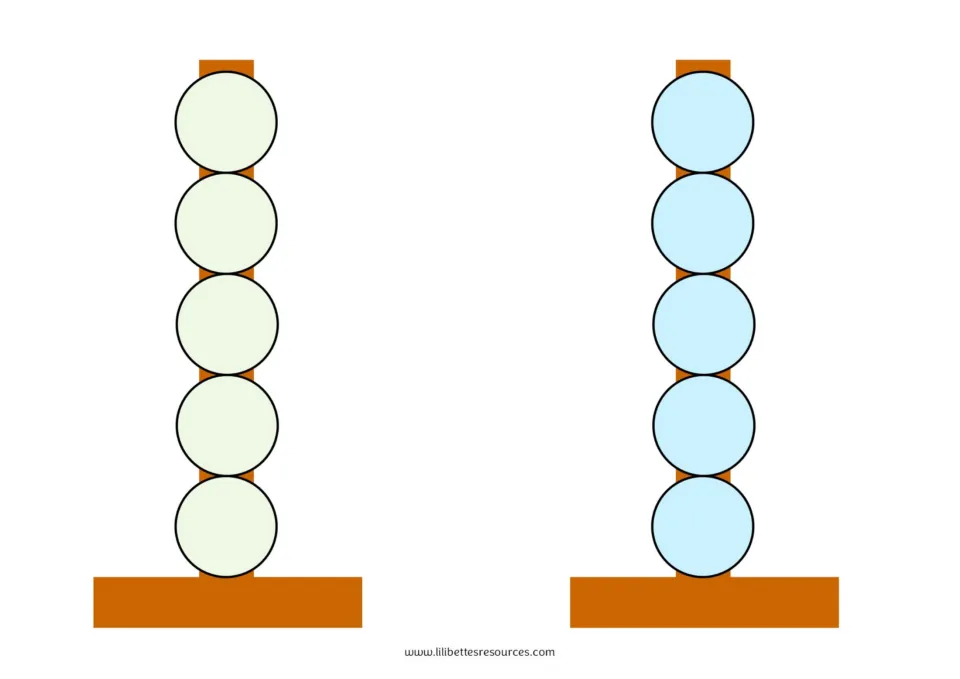 Game base board: a green and a blue bead tower, each with five spaces players fill when they hear the 'ee' sound