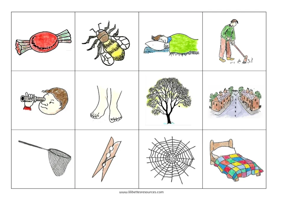 Picture cards to cut out: sweet, bee, sleep, sweep, see, feet, tree, street, net, peg, web and bed for sound listening