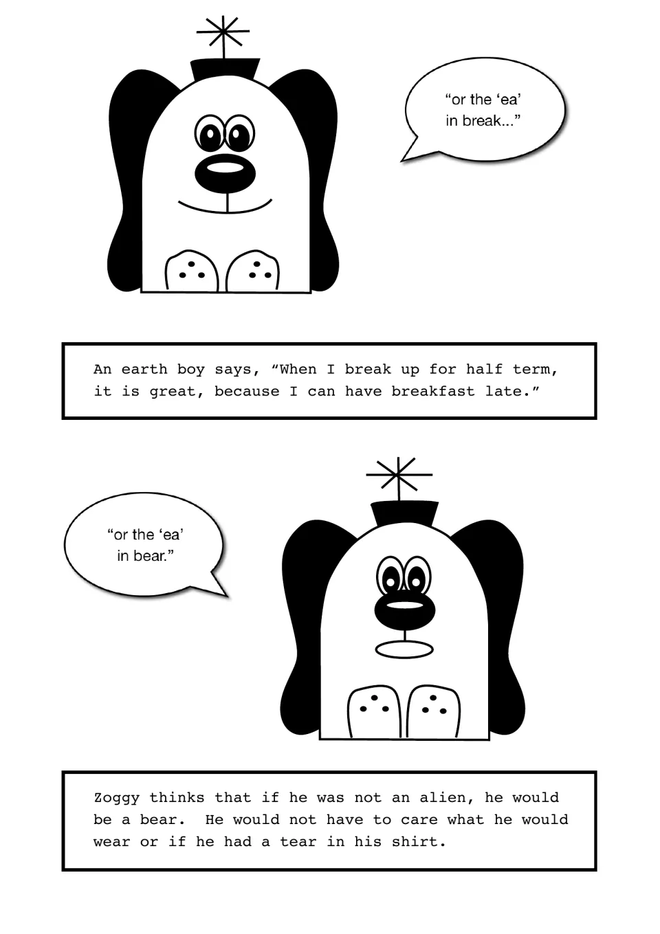 Ea as in break and bear: students read about an earth boy and Zoggy using great, breakfast, wear and tear