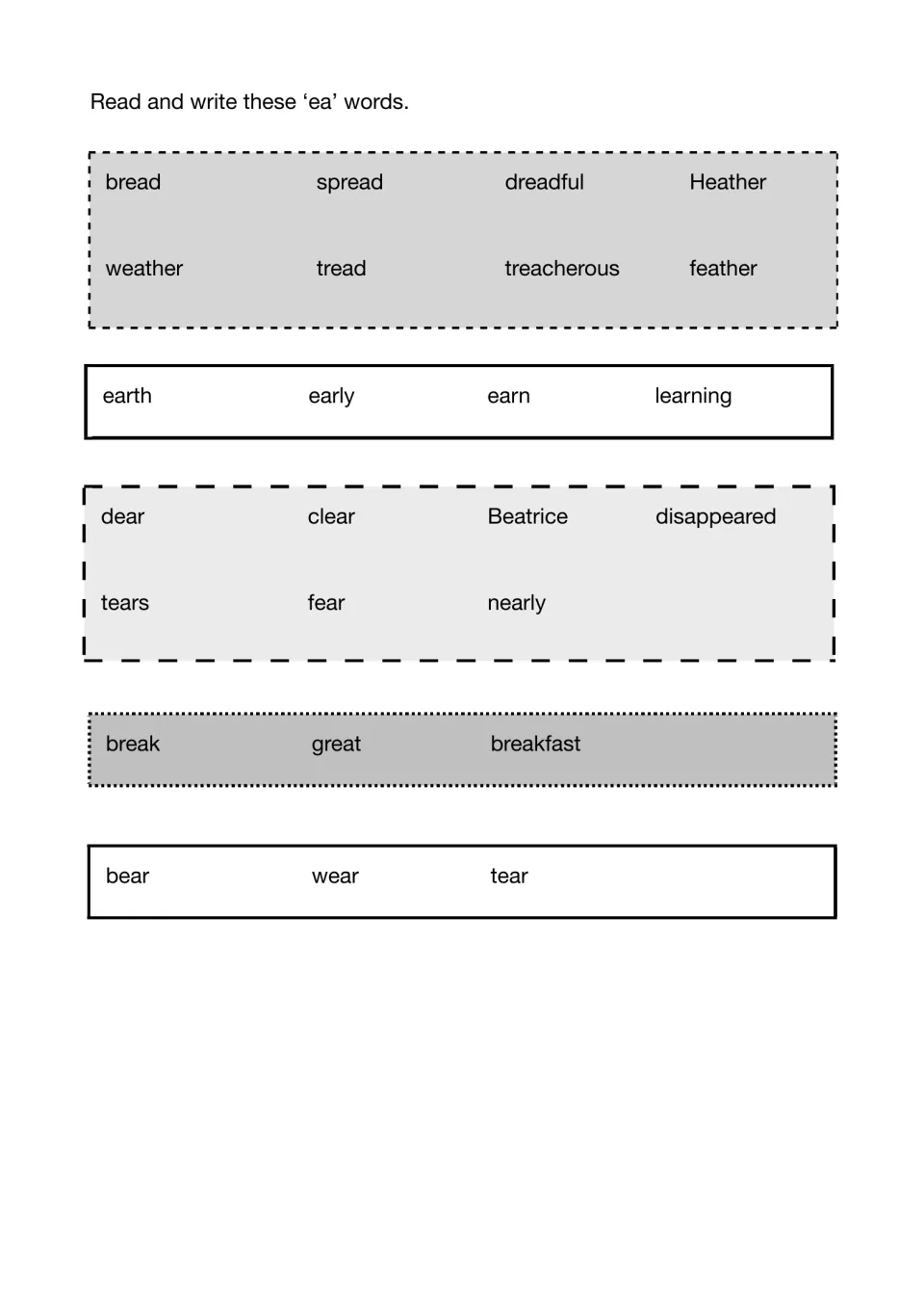 Ea words grouped by sound: students read and write 25 words, from bread and earth to dear, break, great, bear and tear