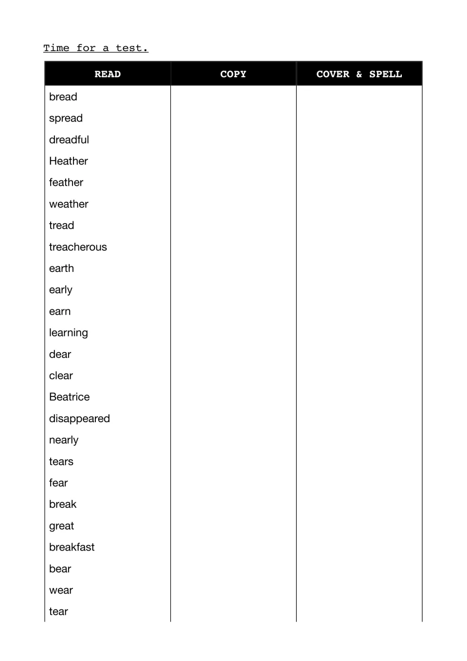 Ea spelling test: students read each of 25 ea words, copy it, then cover and spell it from memory, from bread to tear