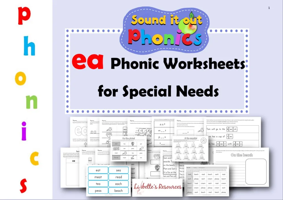 Cover of the ea phonics workbook for special needs, showing samples of reading, spelling, and game activities