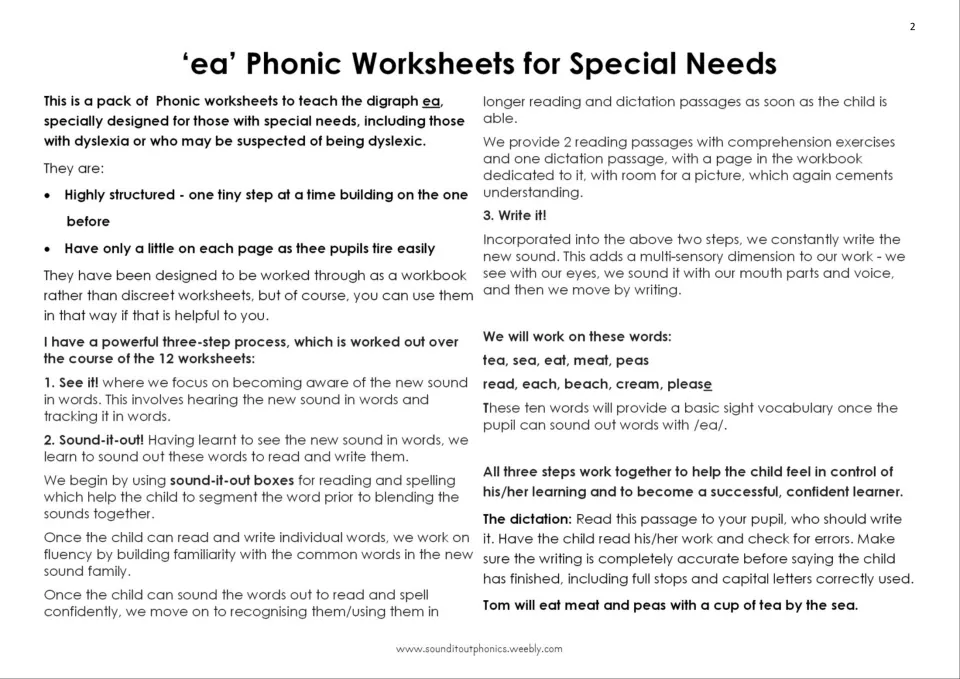 Teacher guide for ea phonics outlines See it, Sound-it-out, and Write it steps, ten focus words, and dictation