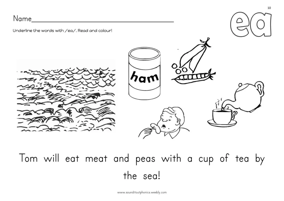 Read-and-color ea activity: underline ea words in “Tom will eat meat and peas with a cup of tea by the sea!”