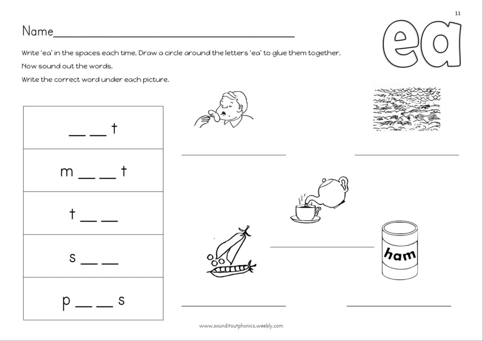 Ea spelling practice: complete eat, meat, tea, sea, and peas, circle ea, sound out words, and label pictures