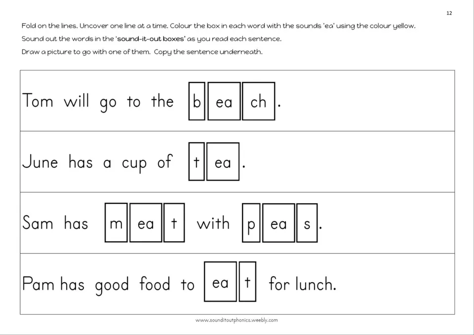 Ea sentence reading practice uses beach, tea, meat, peas, and eat, followed by drawing and copying a sentence
