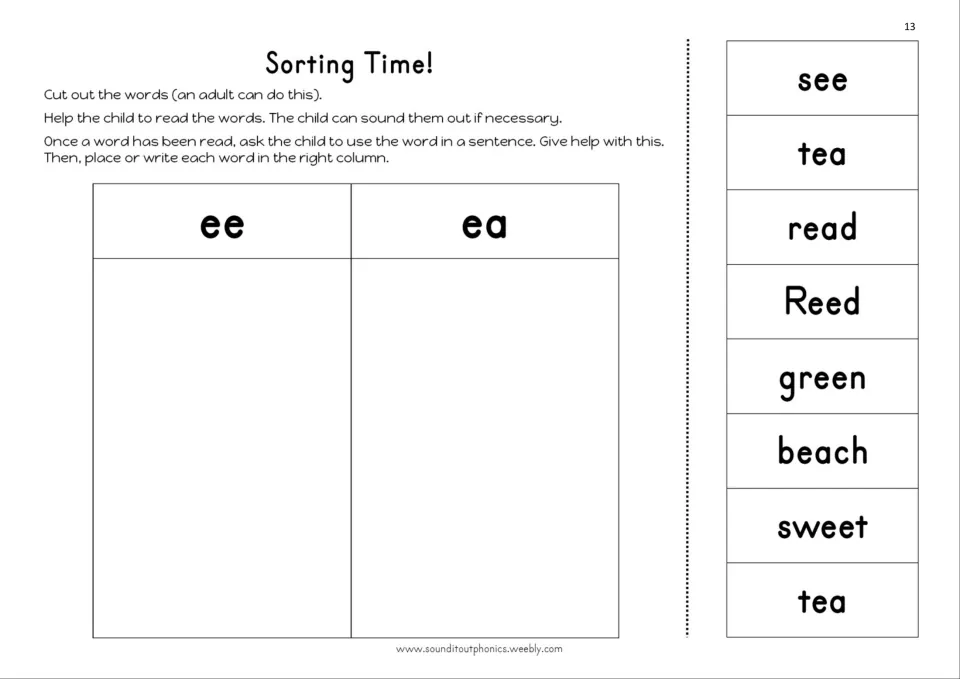Sorting Time activity: read and sort eight word cutouts by ee or ea, including see, tea, read, and Reed
