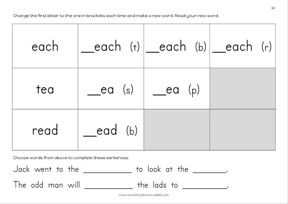 Ea word-building practice uses each, tea, and read to make new words, then complete two sentences