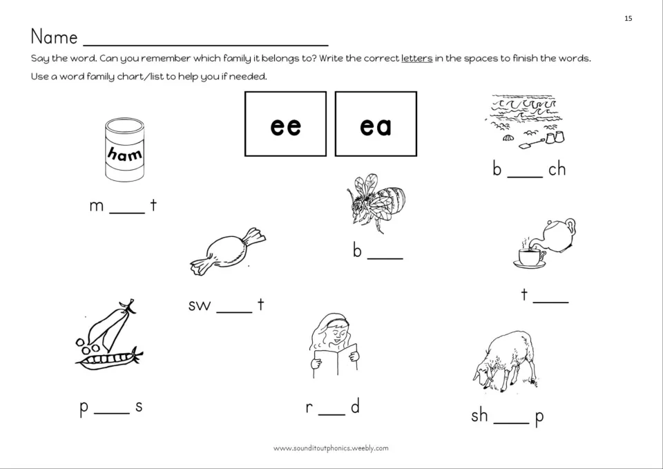 Ee or ea spelling review: complete picture words meat, beach, bee, sweet, tea, peas, read, and sheep
