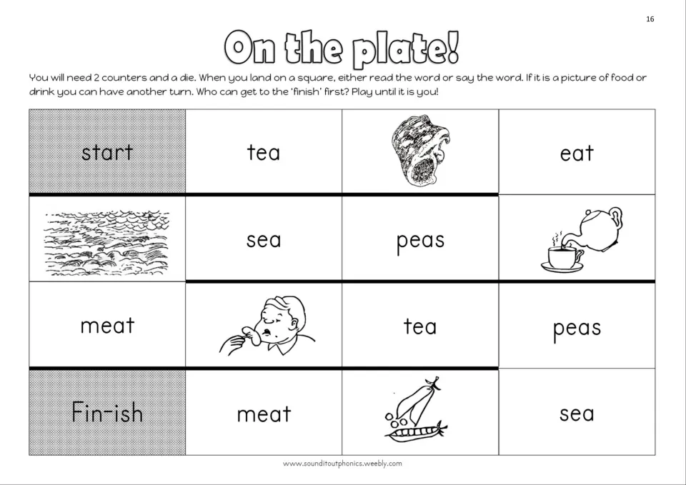 On the plate! ea board game asks players to read words or name pictures using two counters and a die