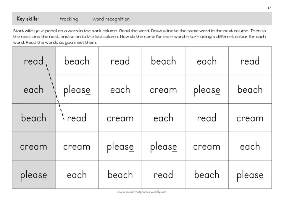 Ea tracking practice: connect matching words read, each, beach, cream, and please, reading each along the way