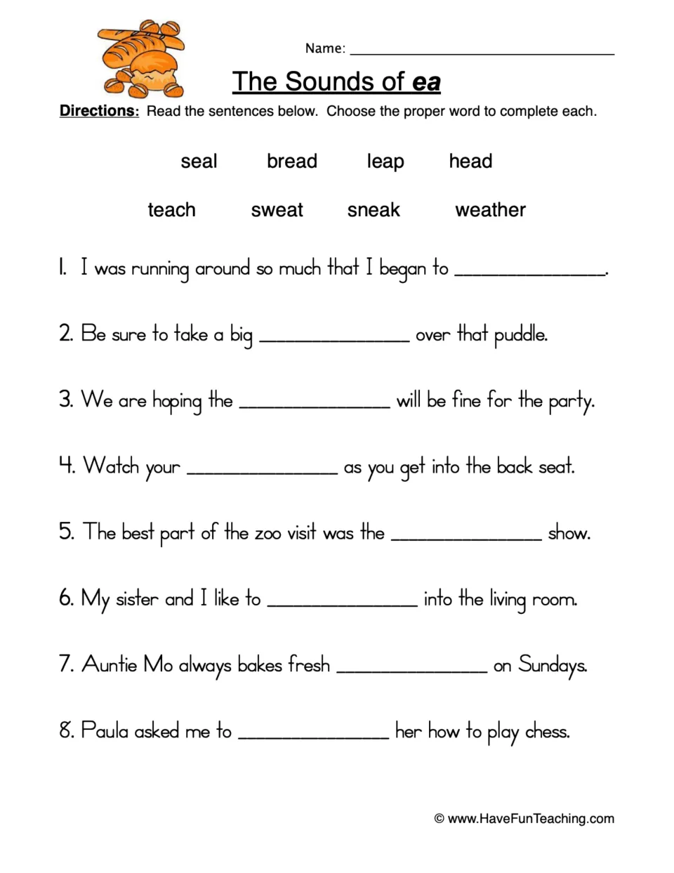 Phonics practice: complete eight sentences using seal, bread, leap, head, teach, sweat, sneak, and weather.