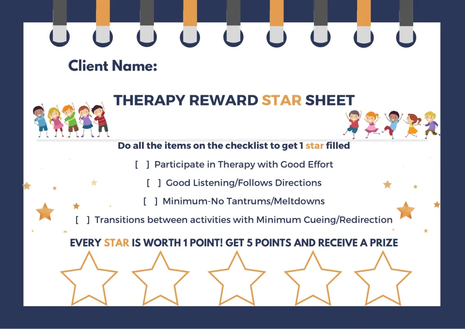 Therapy reward star sheet: earn 1 star by meeting effort, listening, no-tantrum and transition goals; 5 stars win a prize