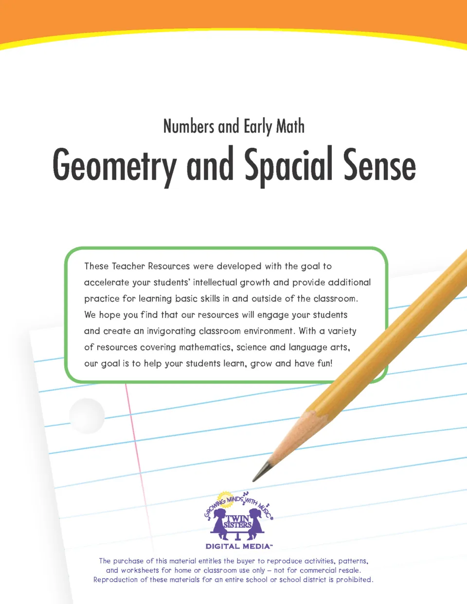 Geometry and Spacial Sense cover from the Numbers and Early Math series by Twin Sisters, with a pencil on lined paper