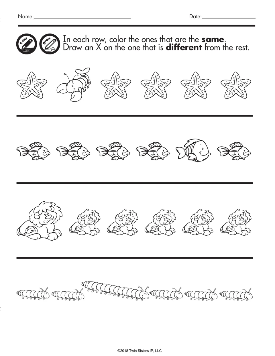 Same or different: students color matching starfish, fish, lions and caterpillars and X the odd one in each row