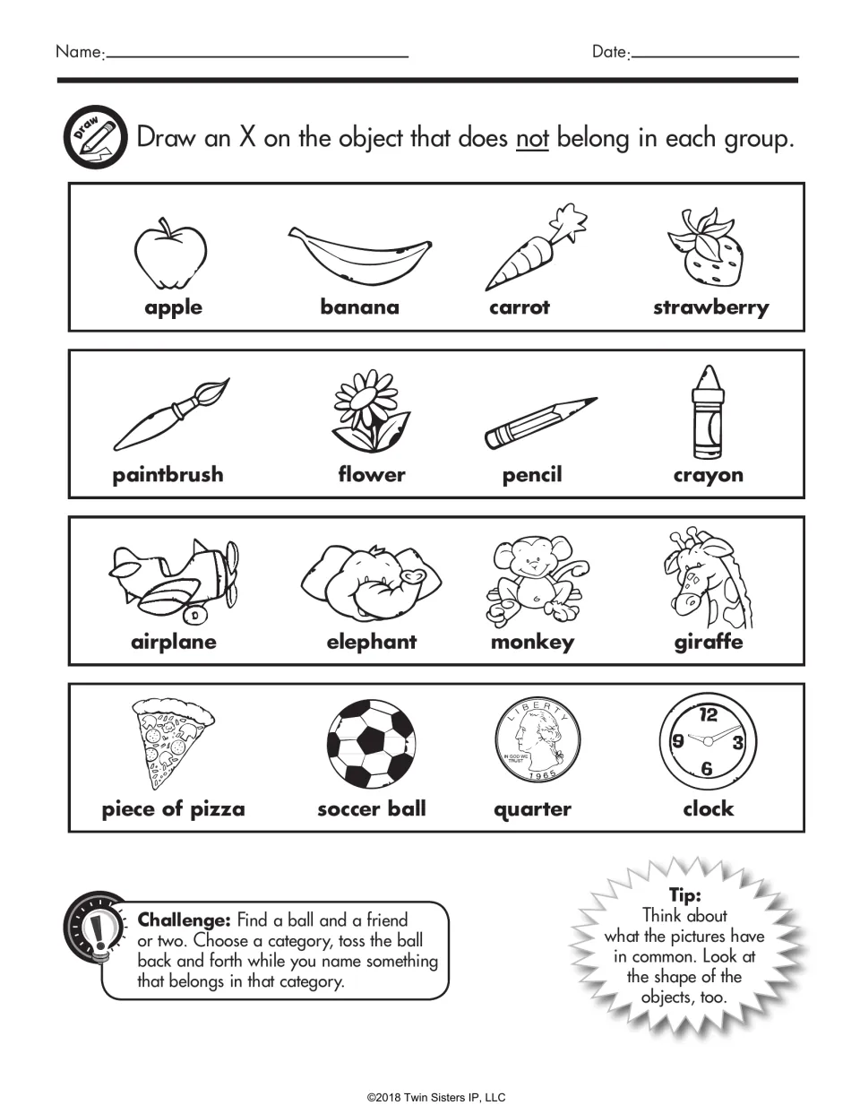 Classifying: students X the object that does not belong in 4 groups, such as apple, banana, carrot, strawberry