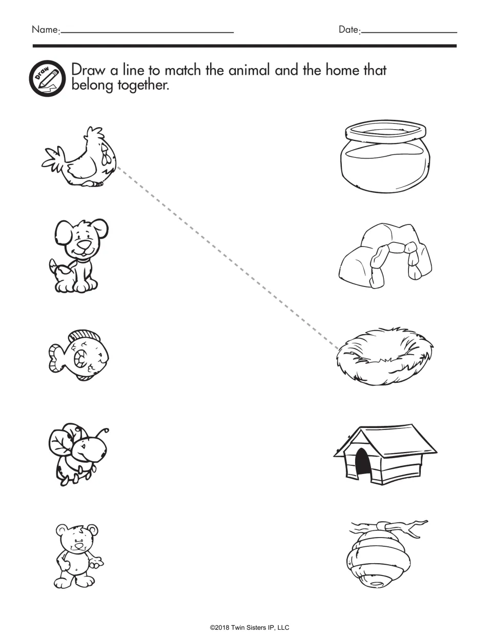 Animal homes: students draw lines to pair a hen, dog, fish, bee and bear with a nest, doghouse, fishbowl, hive or cave